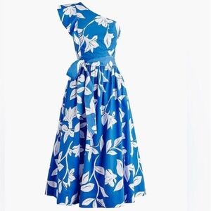 J.Crew One-Shoulder Floral Midi Dress Blue & White SIZE  *FLAW ZIPPER*